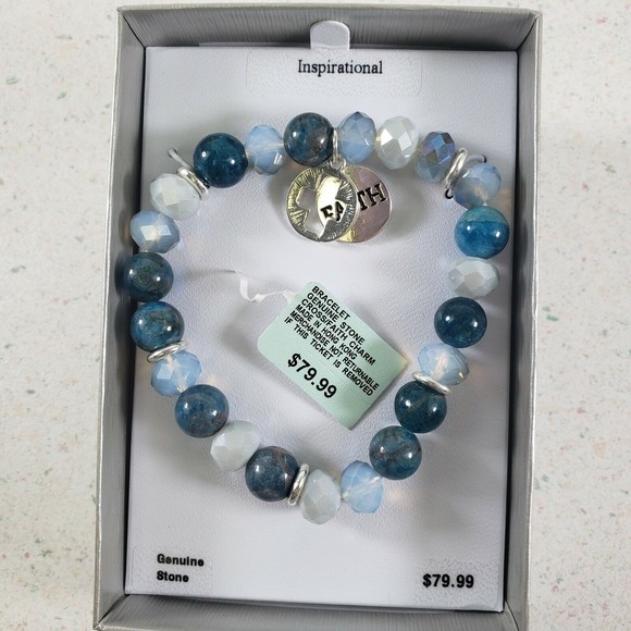 Genuine Stone BLUE STONE FAITH & CROSS HEART Charm Stretch Bracelet New in Box - Picture 2 of 9